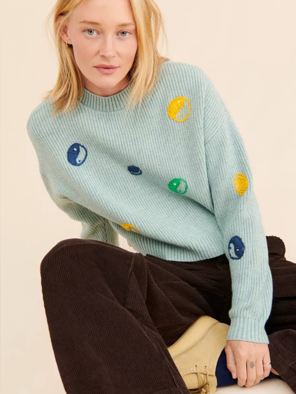 Native Youth x Urban Outfitters Mint Green Stitched Polka Dot Knit Sweater